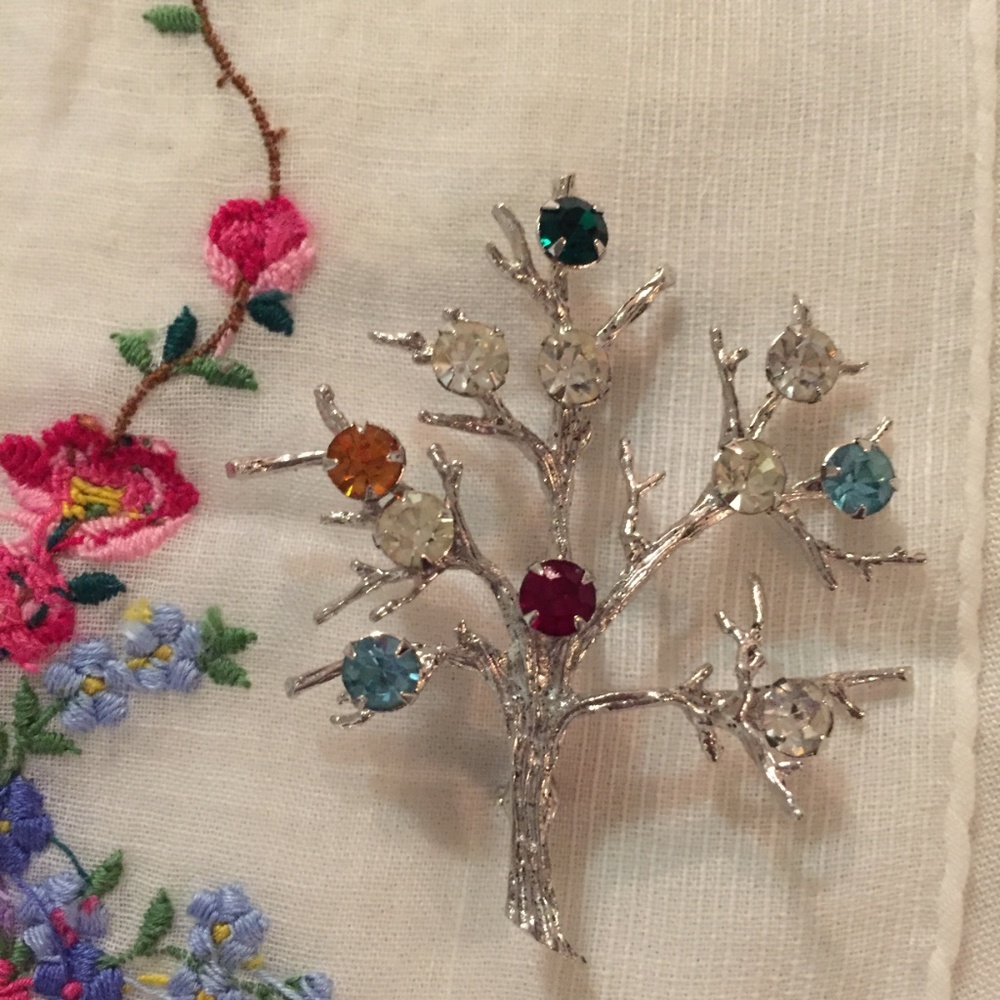 Sterling Vintage tree pin with colored rhinestones